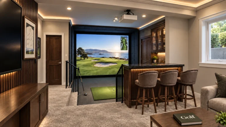 Basement golf simulator with a large screen, putting area, and adjacent bar seating