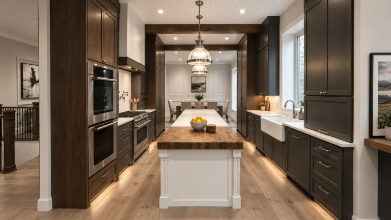 Kitchen with a long white island, dark perimeter cabinets, and pendant lighting