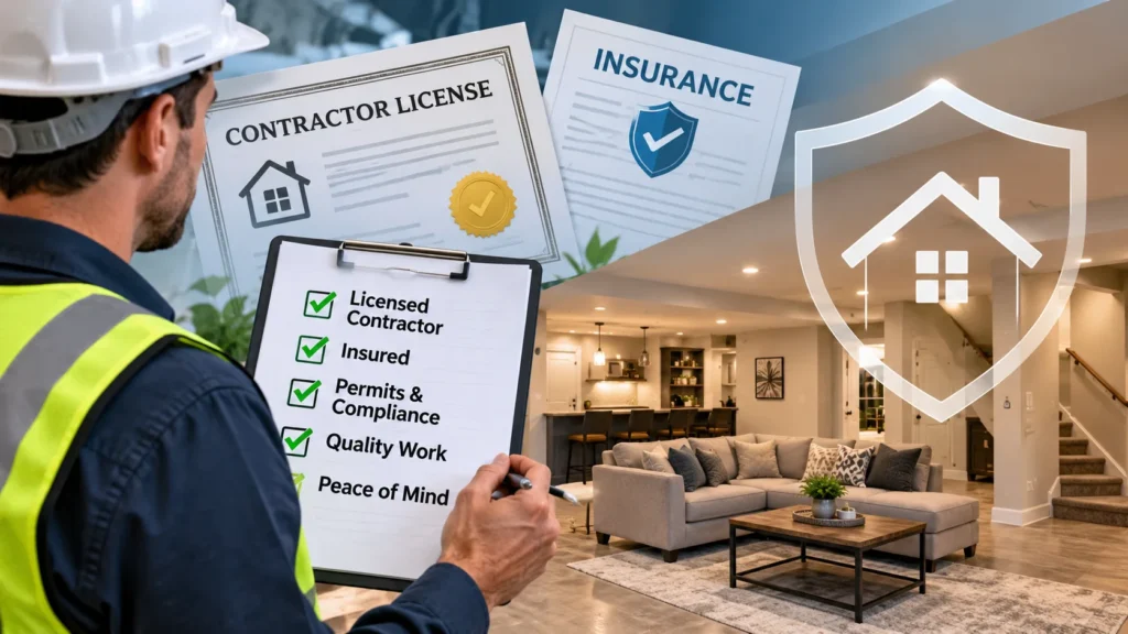 Licensed and insured basement remodeling contractors planning a safe, high-quality basement renovation.